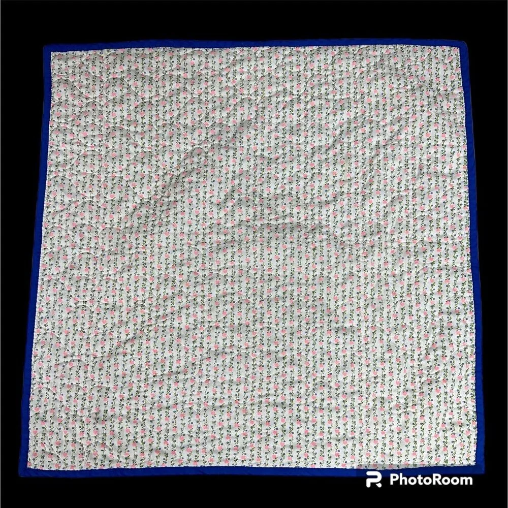Vintage Handmade Baby Quilt Throw Blanket Pink Blue Hearts Floral Cottage 43x43 - Picture 2 of 8